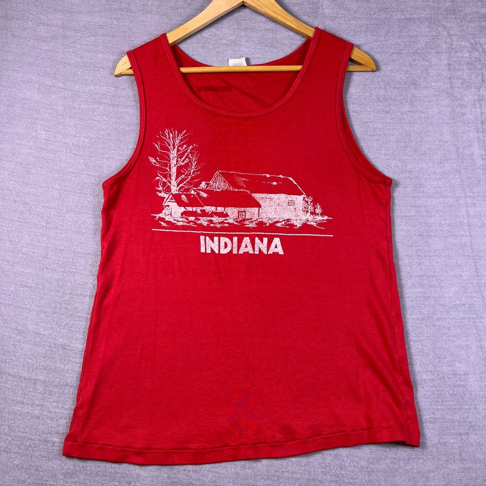 Vintage Indiana Barn Graphic Single Stitch Tank Top Mens Small Red